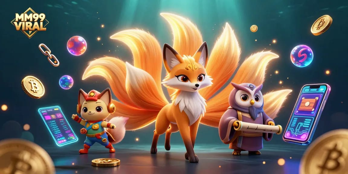 Experience MM99 VIRAL with vibrant gaming characters and cryptocurrency elements in a captivating scene