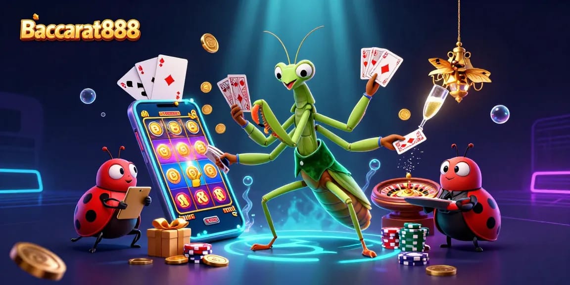 Engage in Baccarat888 with exciting gameplay framed by a vibrant casino scene.