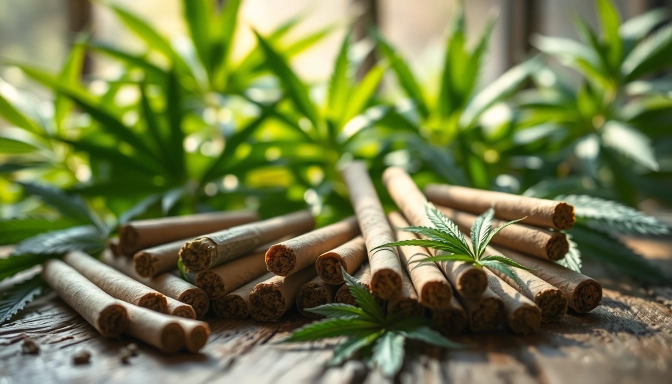 Engaging arrangement of pre rolled joints thc showcasing various types with cannabis leaves.