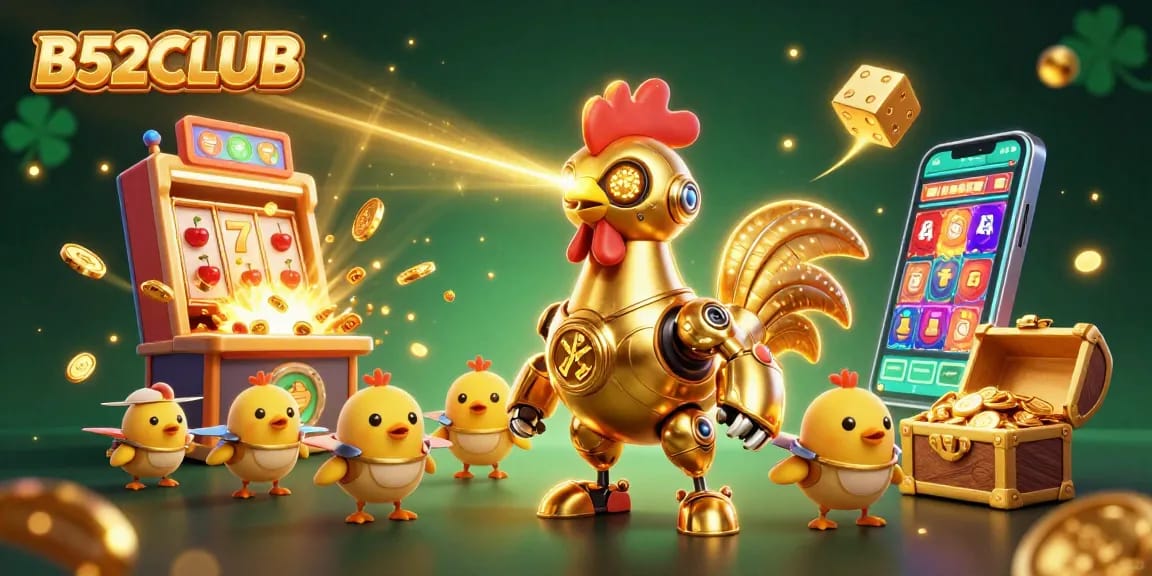 B52CLUB features an explosive jackpot scene with a golden rooster robot and baby chick drones.