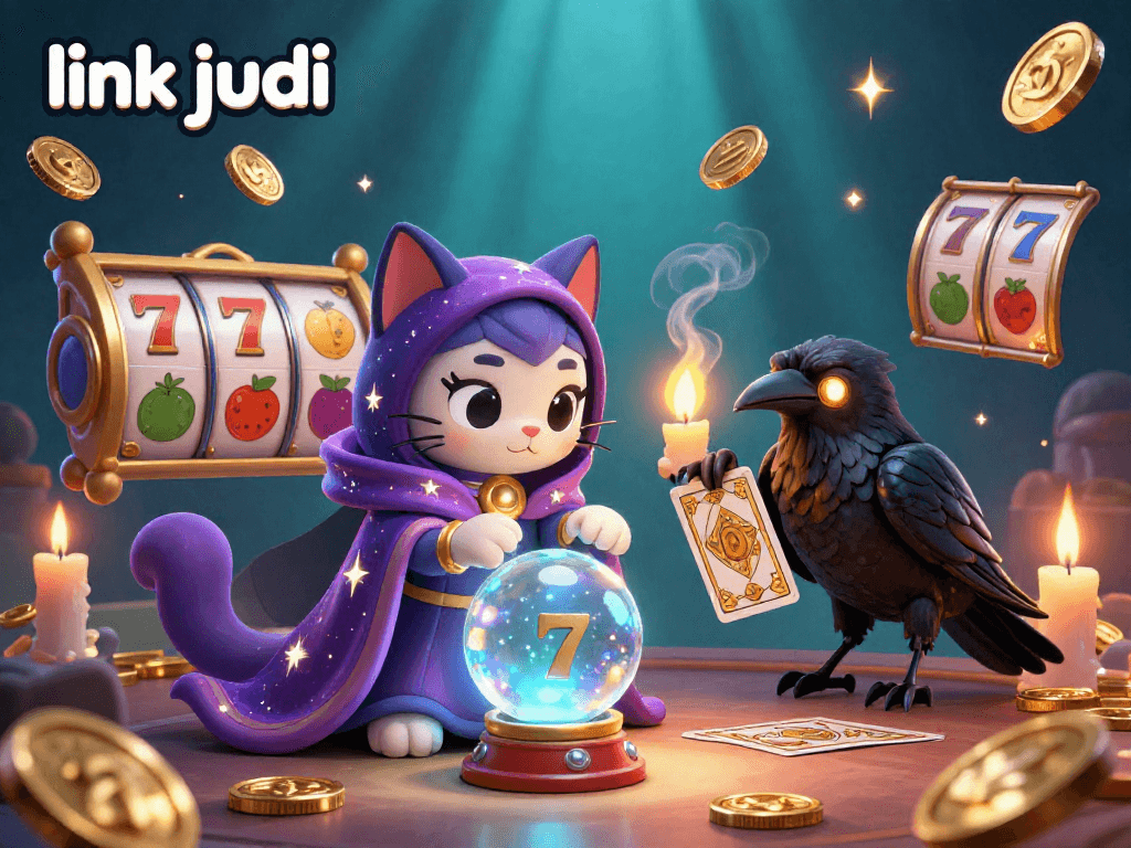 Engage with exciting slot reels and jackpots at link judi, surrounded by magical characters and vibrant casino elements.