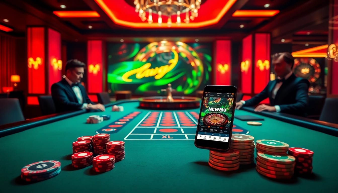 Experience thrilling gaming at New88 with exciting casino elements like poker chips and roulette.