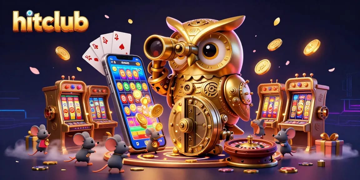 Spin to win at hitclub with a vibrant casino scene featuring an owl, tiny mice, and dynamic gaming elements.