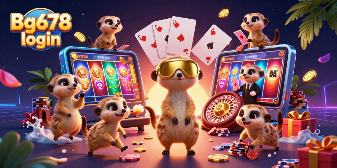 Engage in Bg678 login action with meerkats managing a vibrant casino atmosphere.