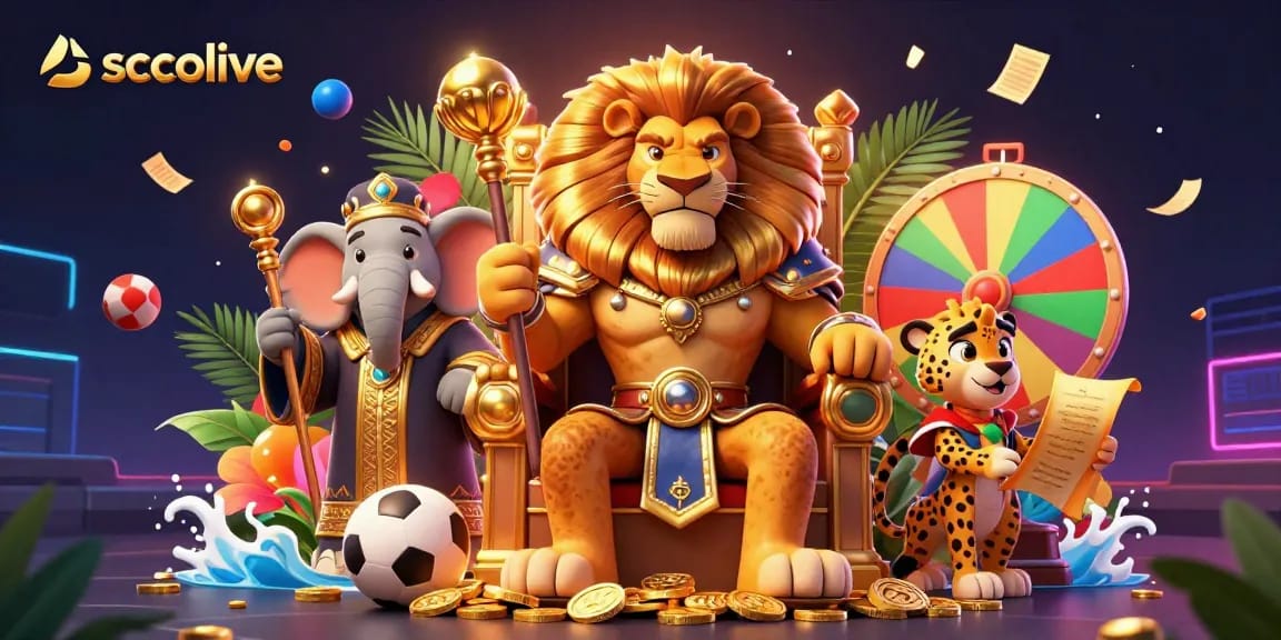 Socolive showcases a vibrant scene of gambling excitement featuring a lion king, elephant advisor, and cheetah, surrounded by trophies and betting slips.