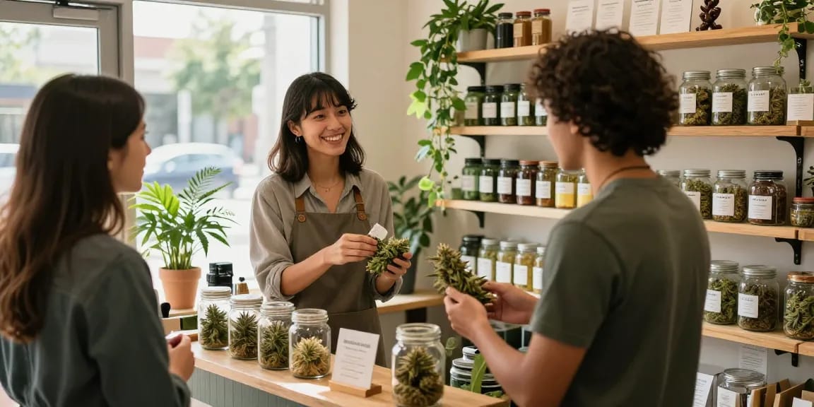 Buy cannabis UK: Inviting cannabis shop environment with friendly staff, premium products, and engaging customers.