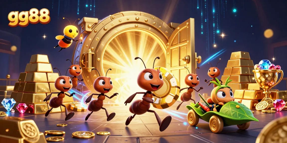 Join the gg88 heist with 3D ants stealing a giant poker chip in a vibrant casino world.