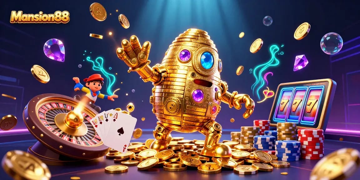 Experience Mansion88's thrilling adventure with a golden golem, cascading coins, and slot symbols.
