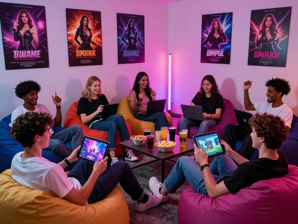 Engaged group of friends playing sex games online in a vibrant gaming room.