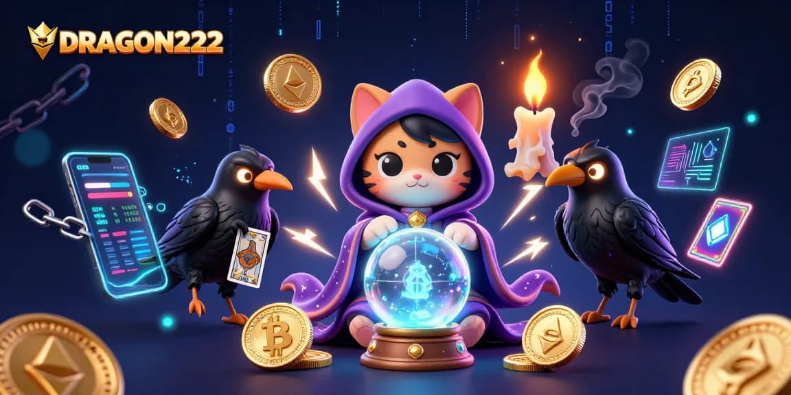 Engage with DRAGON222's online slots featuring mystical characters and vibrant cryptocurrency elements