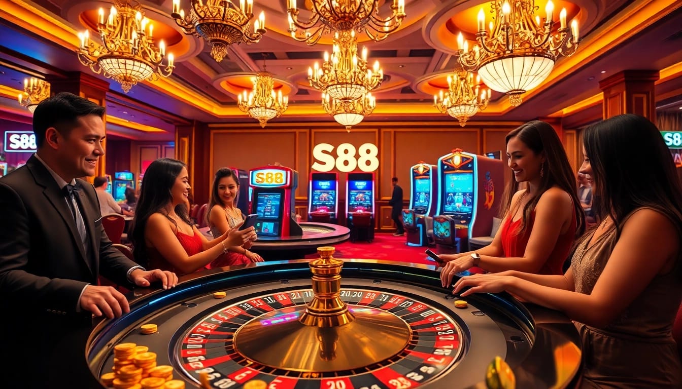 S88 gaming machine featured in a luxurious casino scene with gamblers enjoying the roulette table.