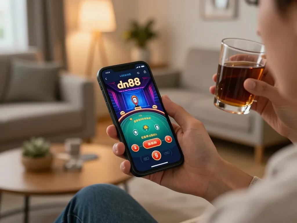 Player engaging with app dn88 in cozy setting, portraying mobile gaming excitement.
