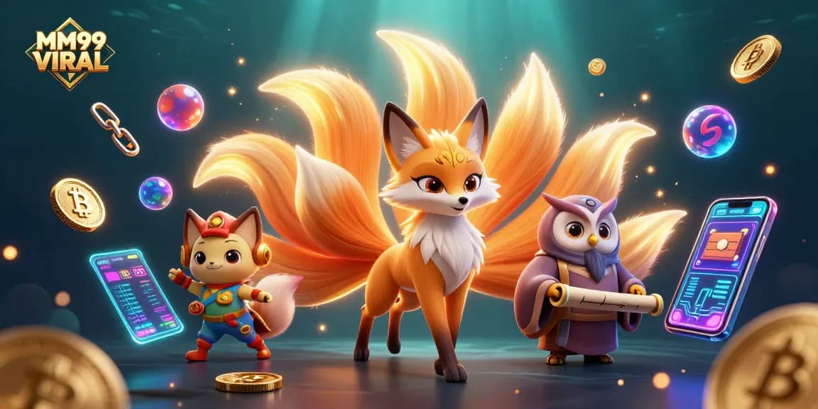 Experience MM99 VIRAL with vibrant gaming characters and cryptocurrency elements in a captivating scene