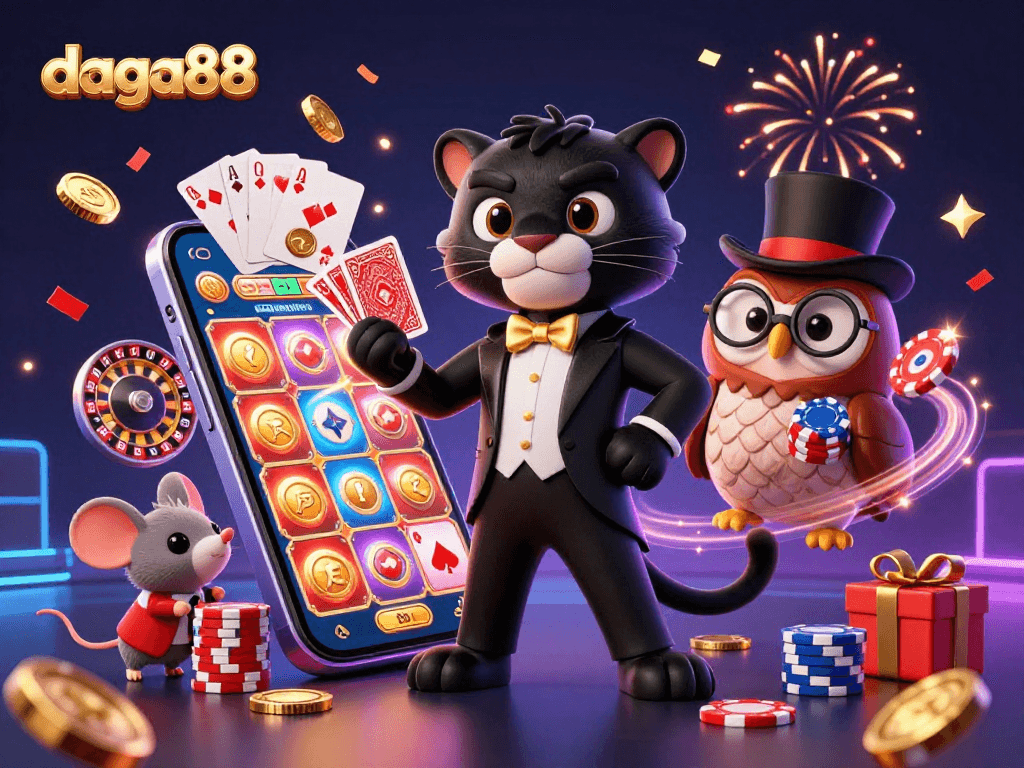 Daga88 showcases a vibrant 3D illustration of a stylish panther dealer and friends engaged in exciting card games.
