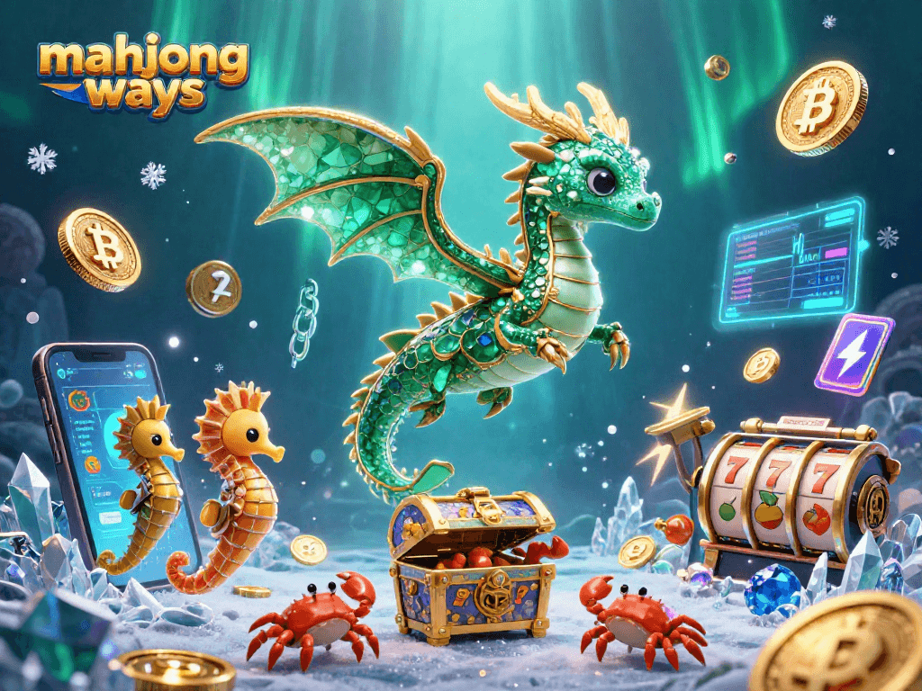 Engage in mahjong ways with a vibrant underwater scene showcasing a sea dragon, crypto elements, and dynamic casino imagery.