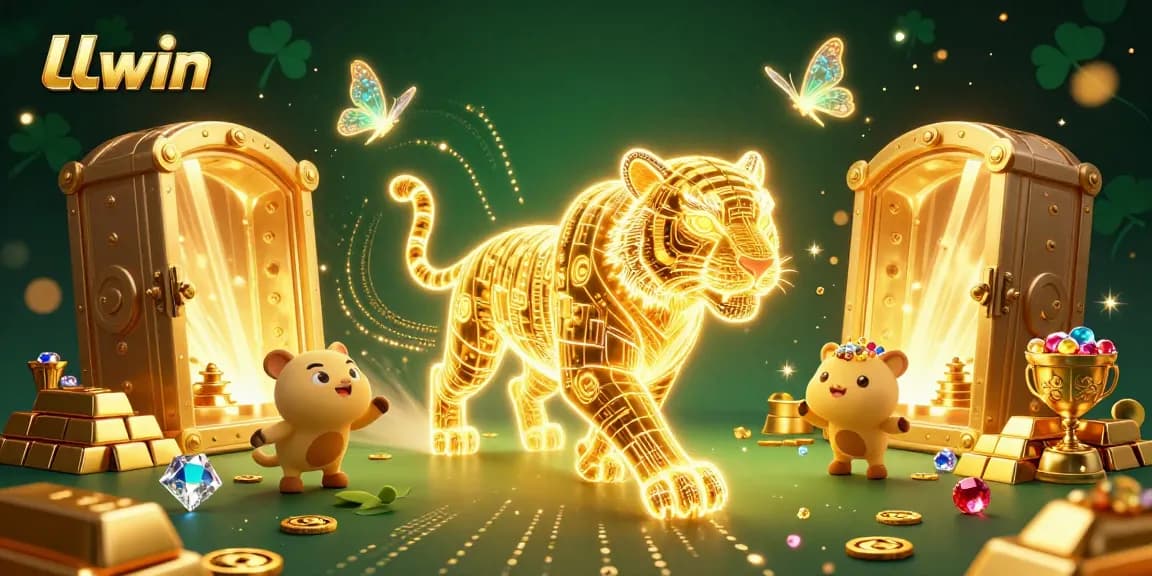Engage with the vibrant LLwin digital casino scene, featuring a fiery golden tiger and shimmering treasures.
