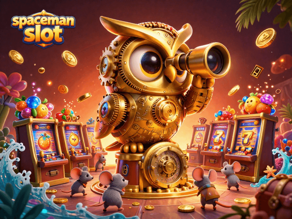 Spin to win with the spaceman slot, featuring a golden owl, vibrant elements, and brass reels.