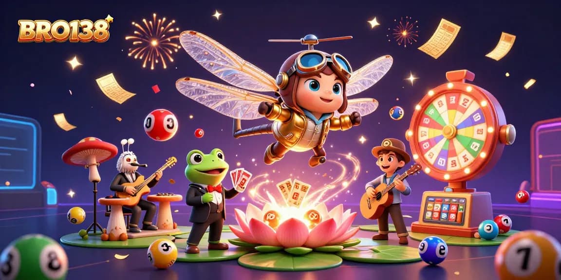 BRO138 captivates players with its vibrant scene of a dragonfly pilot, frog croupier, and jazz musicians in a lively casino.