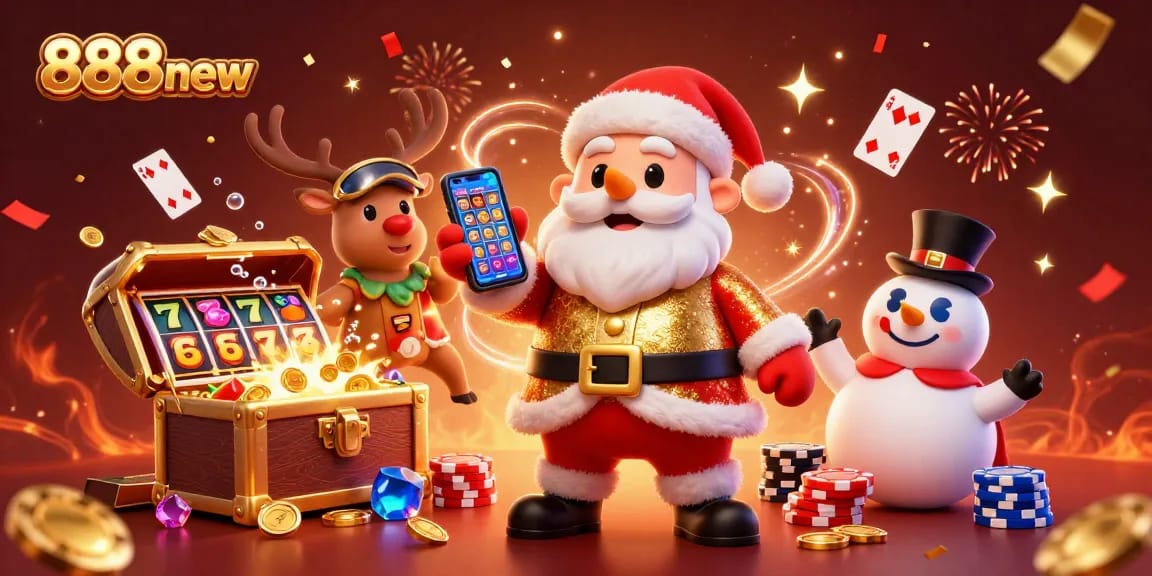 Win big with 888new at the vibrant casino illustrated scene featuring Santa, reindeer, and snowman.