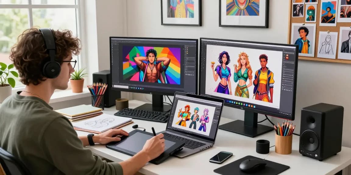 Artist creating NSFW digital designs in vibrant studio for ai nsfw artistic expression.