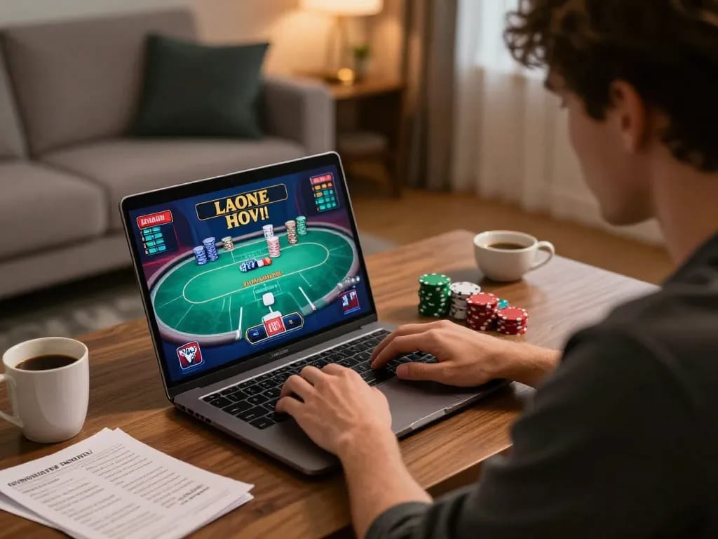 Engaged player at home enjoying go8s online poker game in a cozy atmosphere.