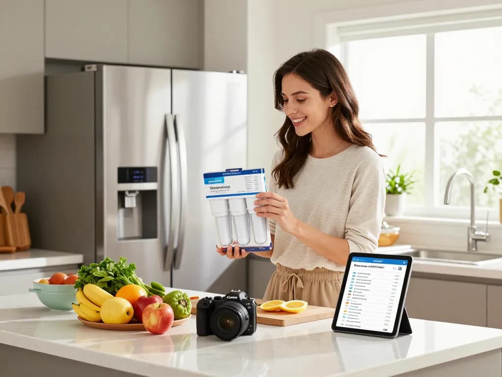 Homeowner examining the Waterdrop LT1000PC ADQ747935 MDJ64844601 Refrigerator Water Filter in a modern kitchen.