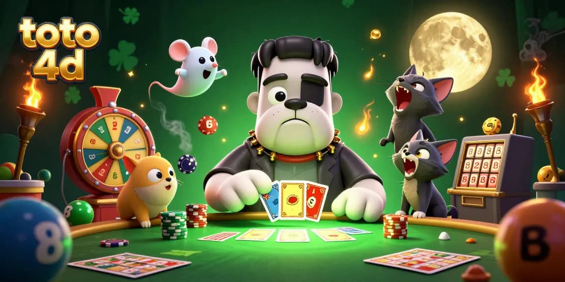 Experience thrilling toto 4d action with a unique 3D illustration of a Frankenstein bulldog dealing cards.