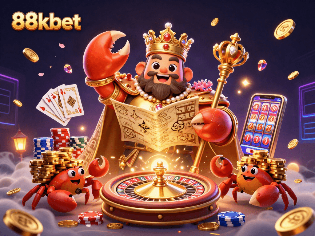88kbet offers vibrant gaming with a golden crab emperor in a dynamic casino illustration.