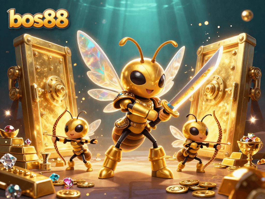 bos88 menawarkan pengalaman kasino 3D penuh warna dengan efek kilauan emas dan karakter menarik.