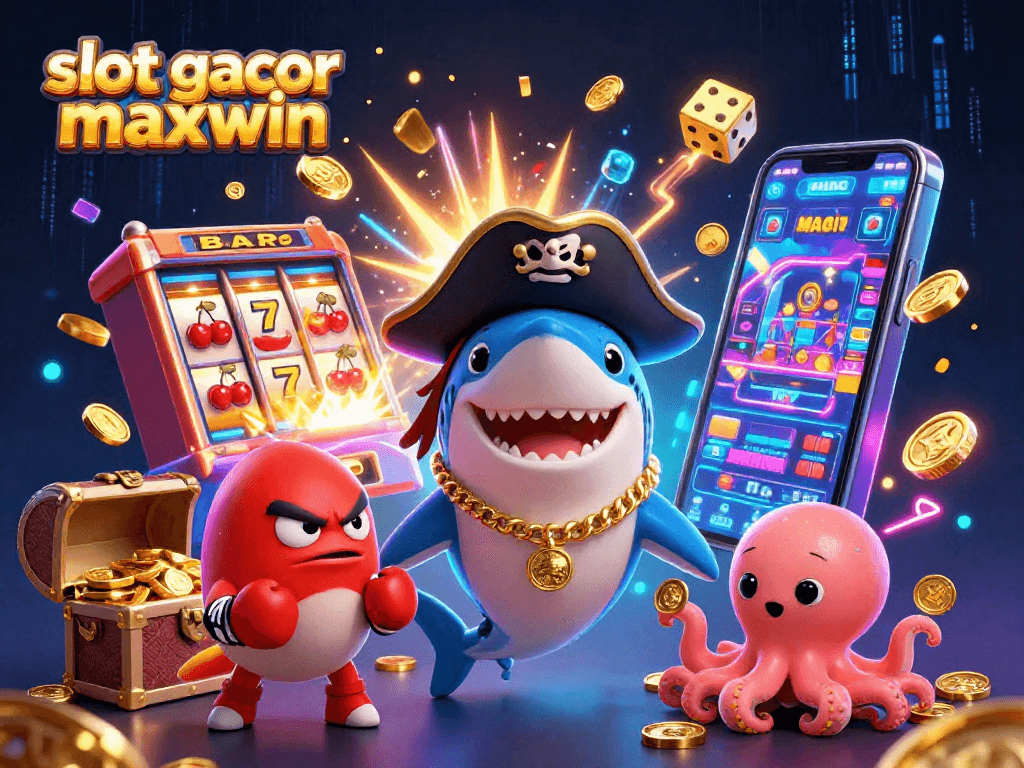 Join the excitement with "slot gacor maxwin" as playful characters celebrate near a jackpot slot machine bursting with coins.