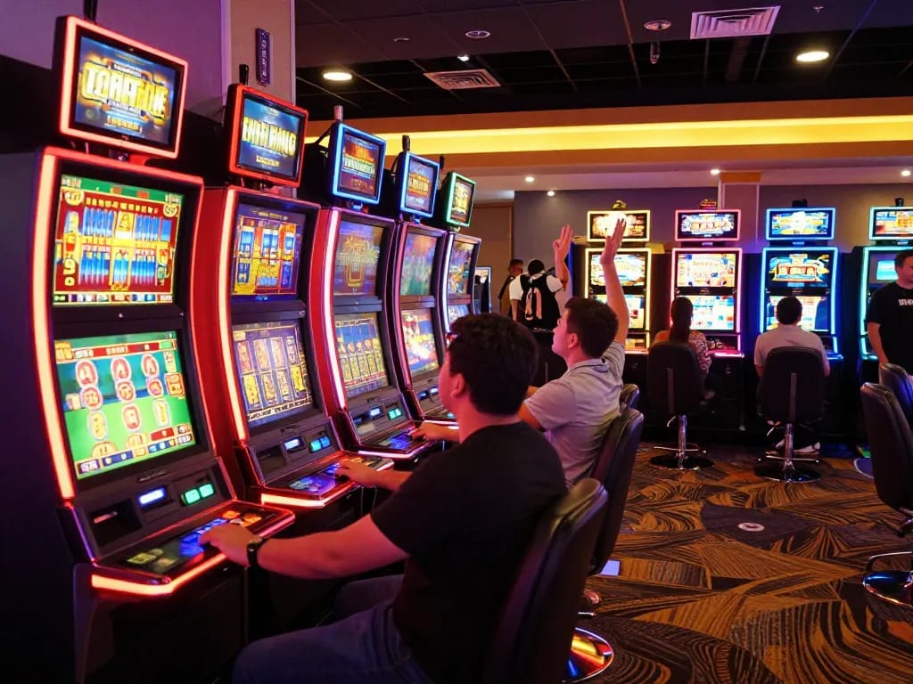 Players enjoy a thrill as they slot bet 200 at colorful machines, celebrating wins in a vibrant casino.