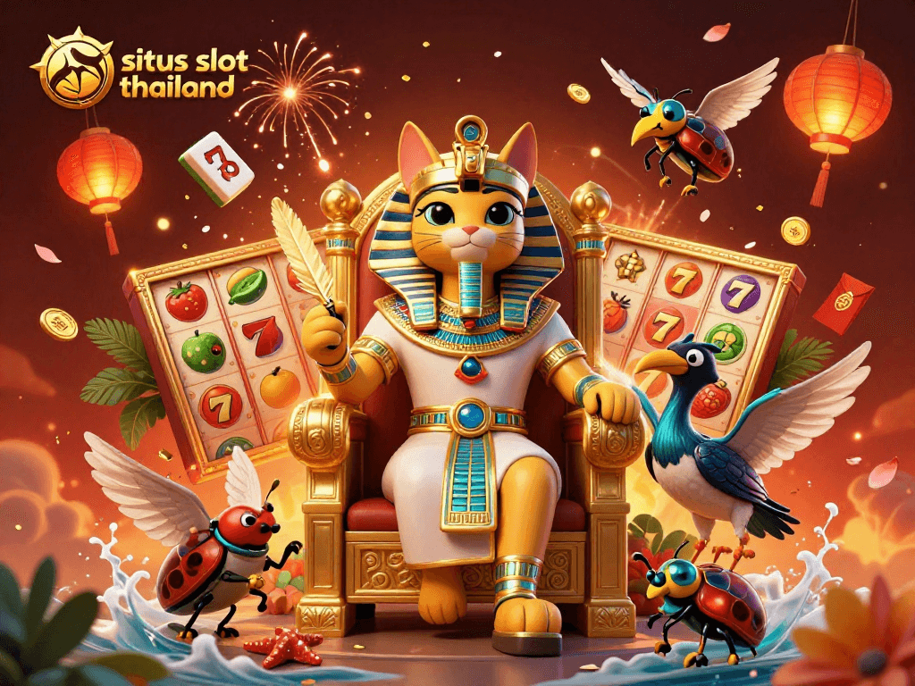 Engage with situs slot thailand in this vibrant 3D casino scene filled with dynamic slot symbols.