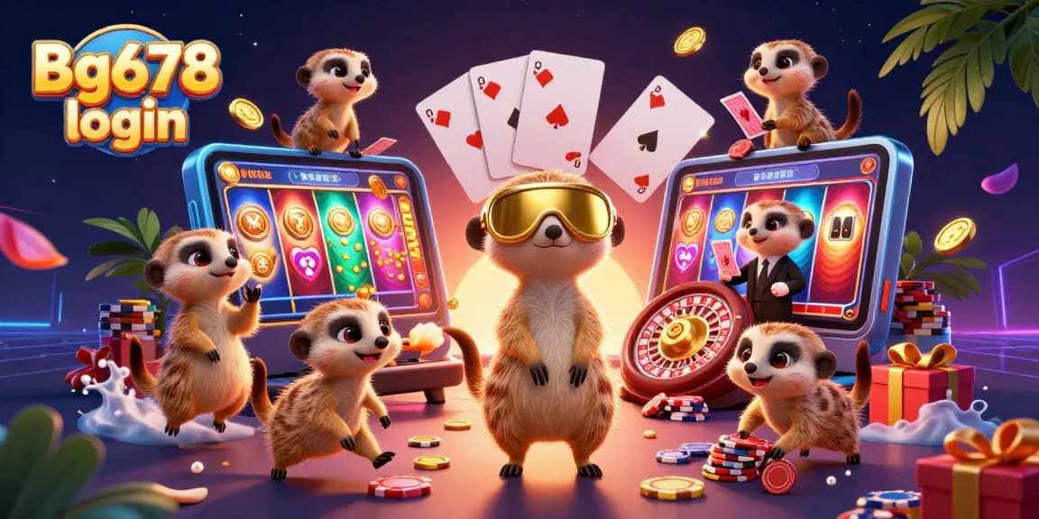 Engage in Bg678 login action with meerkats managing a vibrant casino atmosphere.