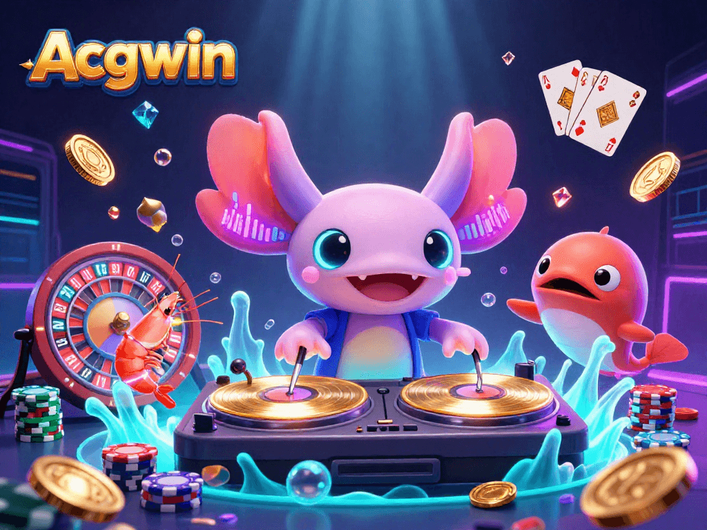 Experience Acgwin's vibrant casino scene with a neon axolotl DJ, colorful shrimp, and dynamic gambling elements.