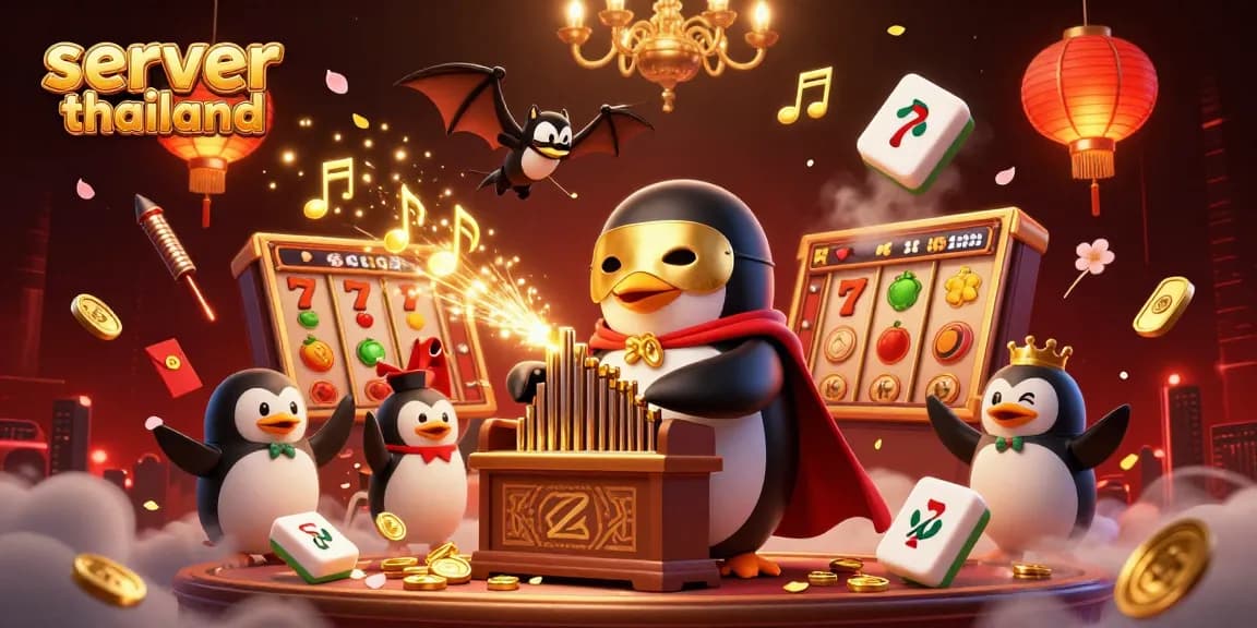 Engage in thrilling gameplay with server thailand, featuring a dynamic casino scene with golden elements and lively characters.