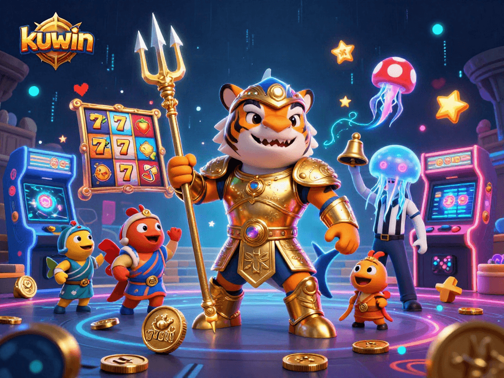 kuwin's exciting gambling showdown features a tiger shark gladiator in an underwater colosseum.