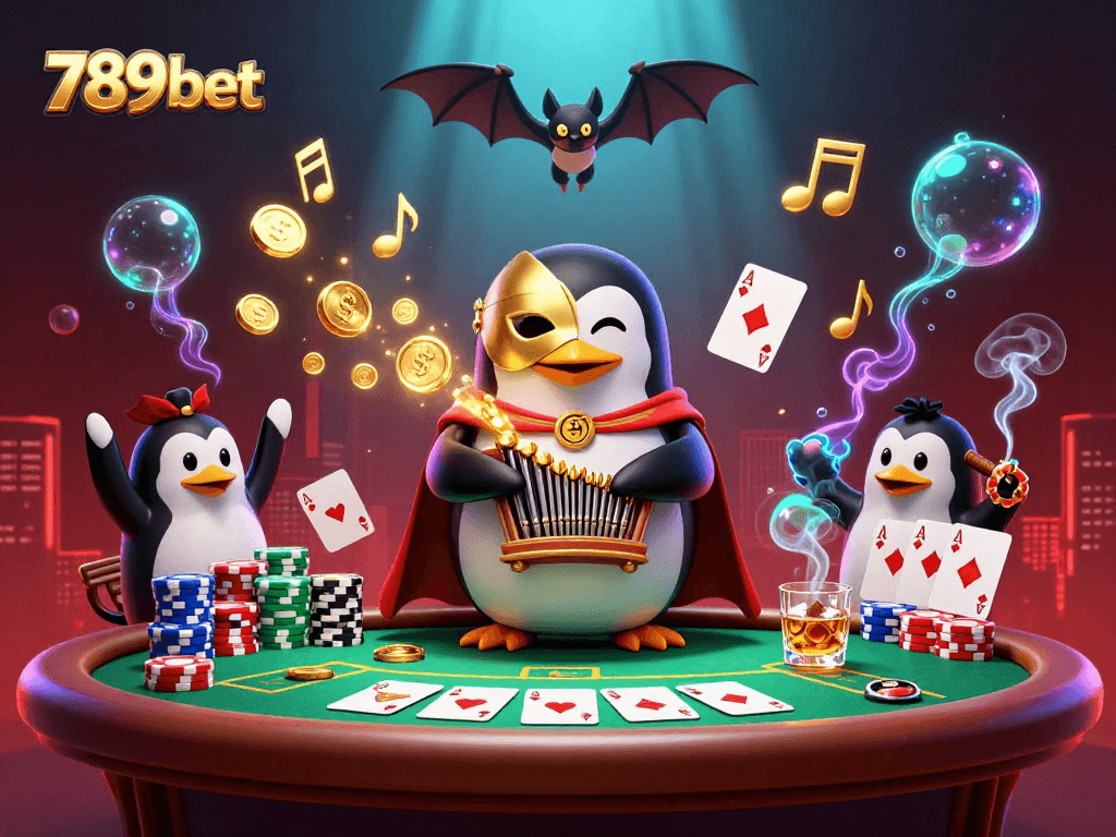 Experience thrilling wins at 789bet with an exciting scene of a penguin playing with casino treasures.