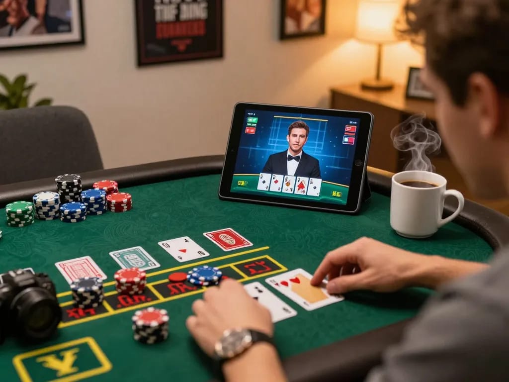 Engaging online blackjack gameplay on a tablet, highlighting strategic decisions for gg88 players.
