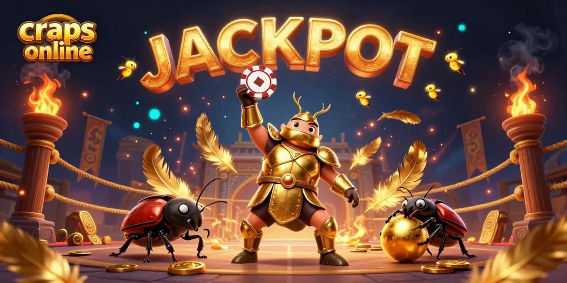 Craps online betting scene with a victorious beetle and dynamic casino elements.