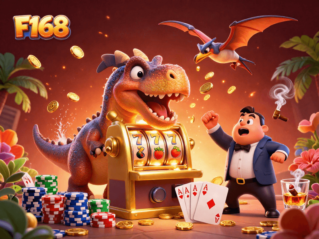 F168 slot machine jackpot celebration with colorful characters and casino elements in a lively 3D scene.