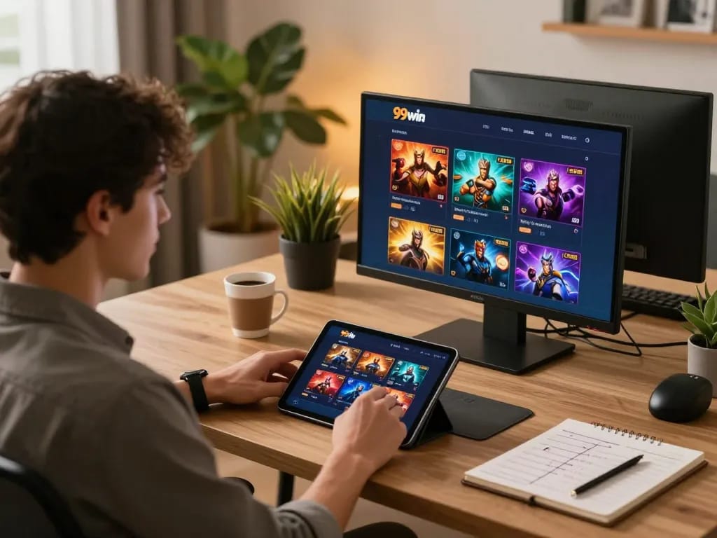 Player engaged in the 99win app on tablet in a cozy home setting for online casino gaming.