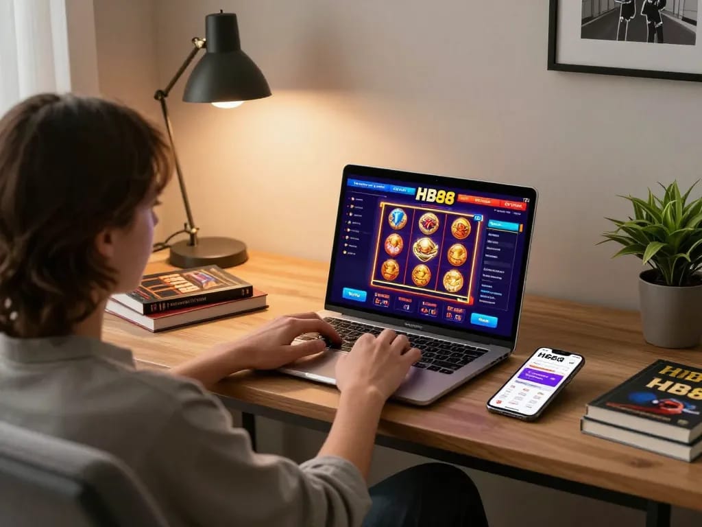 Person playing HB88 casino games on a laptop in a cozy home setting with warm lighting.