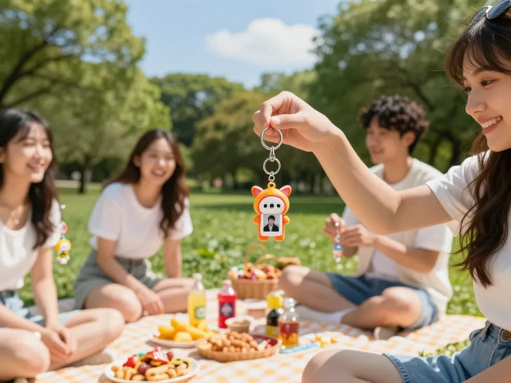 Friends showcasing their vibrant, unique keychain custom designs at a picnic in the park.