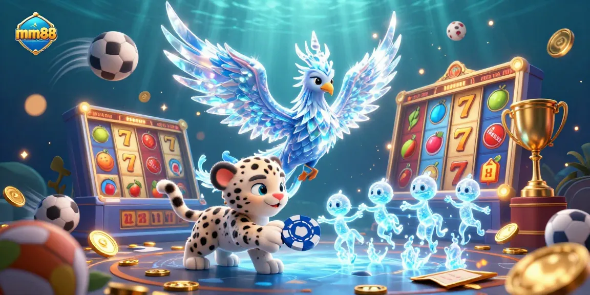 Experience thrilling slot gaming with mm88 as the ice phoenix and snow leopard cub join in a vibrant casino scene.