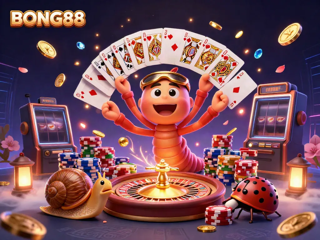 Place bets at BONG88 with a colorful scene of a millipede dealer and vibrant casino elements.