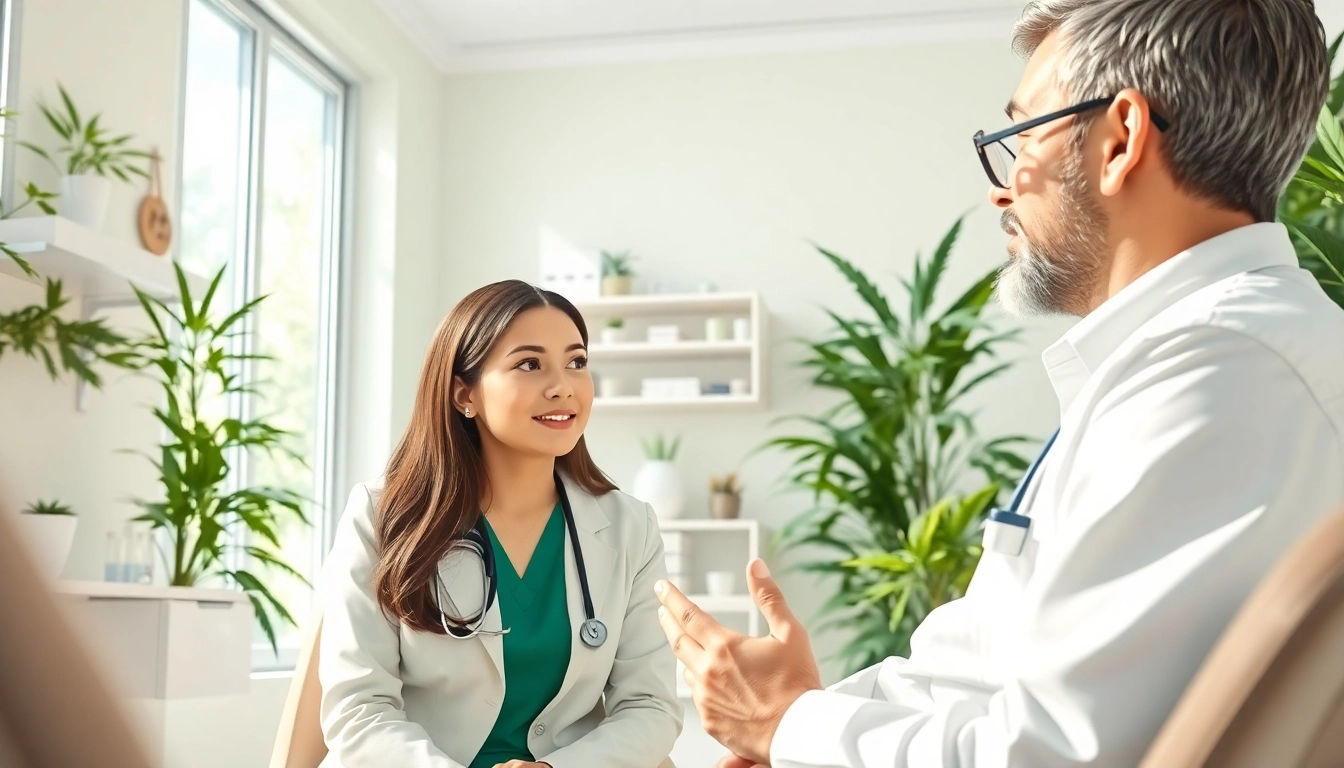 Engage with a healthcare provider to Get Medical marijuana card in a bright clinic setting.