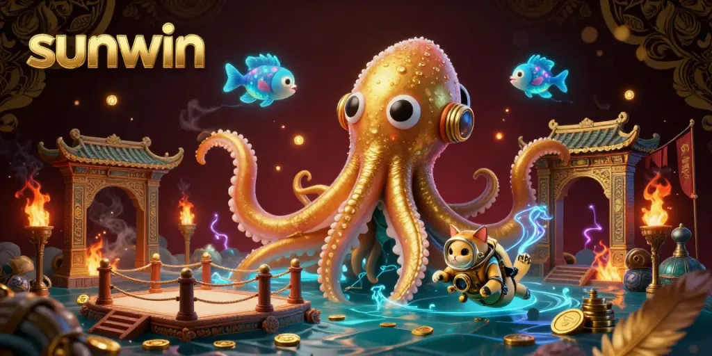 Experience high-stakes gaming with sunwin, featuring a colossal kraken, treasure ambiance, and dynamic casino elements.