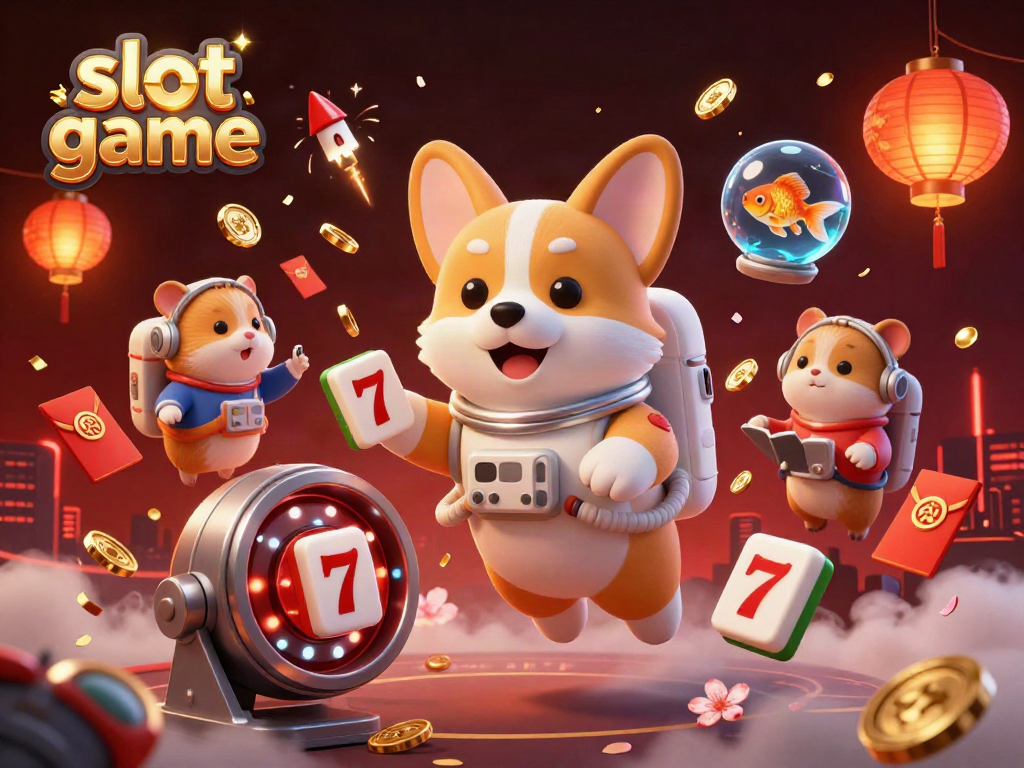 Experience the excitement of a slot game with a corgi astronaut, drifting poker chips, and a charming hamster.