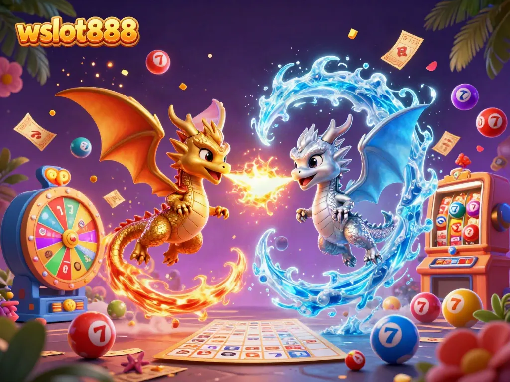 Menangkan jackpot dengan wslot888 sambil dimainkan oleh naga 3D berwarna emas dan perak dalam aksi dinamis.