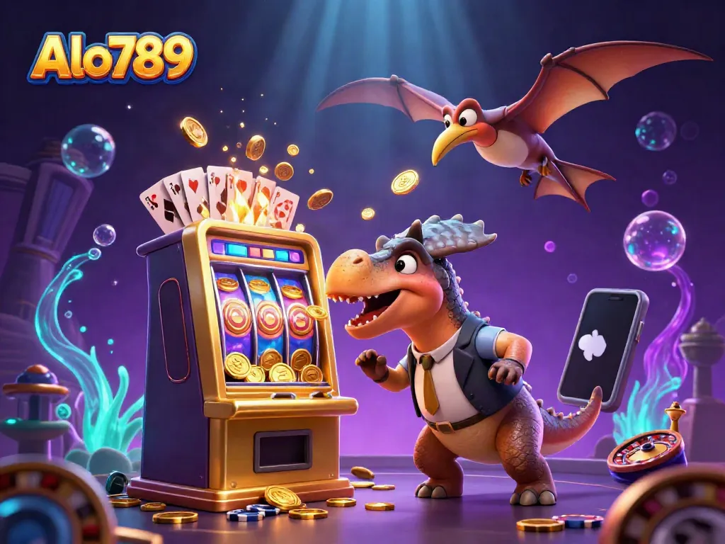 Alo789 showcases a cartoon dinosaur winning coins from a slot machine in a vibrant casino scene.